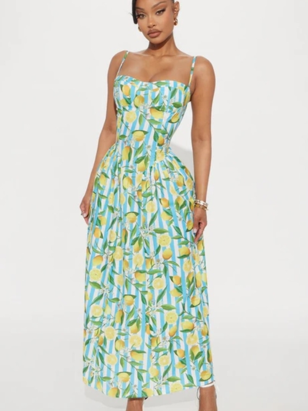Fashion Nova Lemon Print Maxi Dress - Blue, Yellow & Green